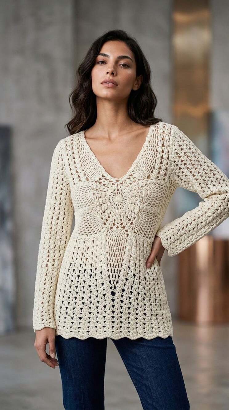 LeRoy Knitwear Vintage Cream Crochet Tunic Sweater Size L